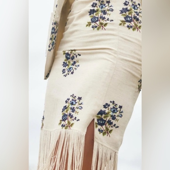 Eddy Knee Length Dress Beaded Fringe Ribbon Back Tie Up Linen Cotton Natural XS - Picture 5 of 12